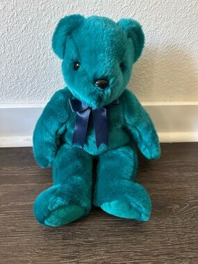 Ty - Beanie Buddy - Teddy - Large 14" Teal Blue Bear with Ribbon Tags 2000 Y2K